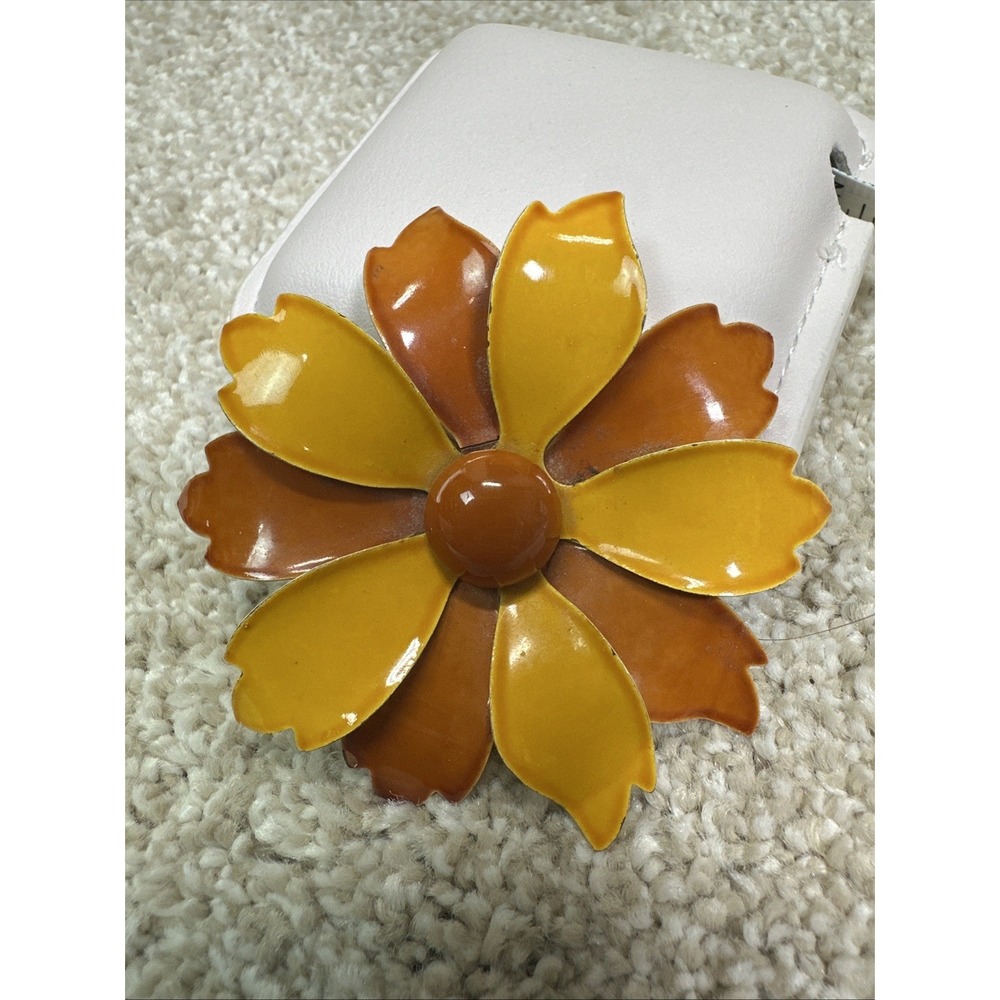 Vintage 1960s Flower Power Enamel Brooch Pin Mod Pop Art Orange Yellow Daisy 2.5
